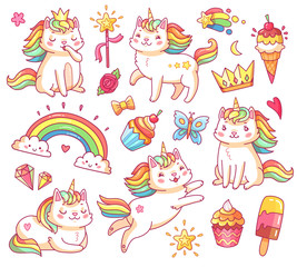 Magic unicorn cats in crown, sweet cupcakes, ice cream, rainbow and clouds. Cartoon fairy smiling cat, kitty with color tail vector set