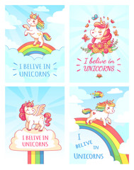 Fototapeta na wymiar Greeting card writing design for girl with slogan I believe in unicorns . Rainbow colorful unicorn poster print vector