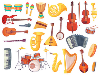 Cartoon musical instruments, guitars, bongo drums, cello, saxophone, microphone, drum kit isolated. Music instrument vector collection - obrazy, fototapety, plakaty