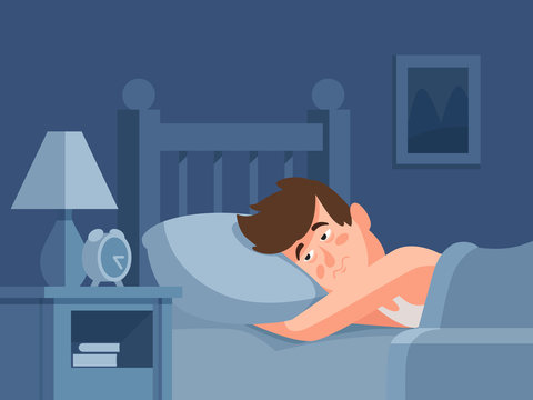 Man with insomnia lying in bed at dark night background. Sleepless person awake with tired face cartoon vector illustration