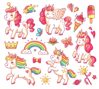 Cute flying baby rainbow unicorn with gold stars and sweet ice creams. Magic little pony fantasy unicorns cartoon vector set