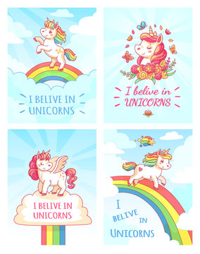 Greeting card writing design for girl with slogan I believe in unicorns . Rainbow colorful unicorn poster print vector