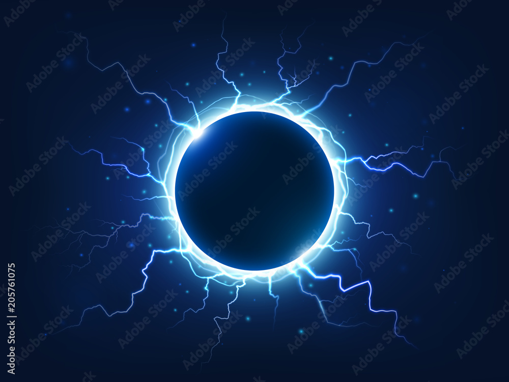 Wall mural spectacular thunder and lightning surround blue electric ball. power energy sphere surrounded electr