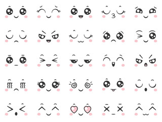 Fototapeta premium Słodkie emotikony doodle z mimiką. Japońskie anime styl emocji twarze i kawaii emoji ikony wektor zestaw