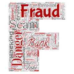 Vector conceptual bank fraud payment scam danger letter font F word cloud isolated background. Collage of password hacking, virus fake authentication, illegal transaction or identity theft concept