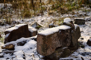 bricks in the forest covered with snow