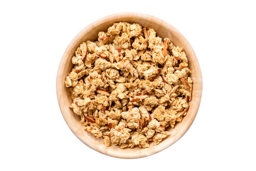 Close up top view granola in the bowl on isolated with clipping path.