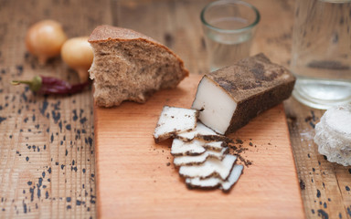Fototapeta premium Salted pork lard (salo) with rye bread