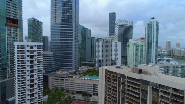 Aerial drone footage of mega structures Miami Brickell skyscrapers