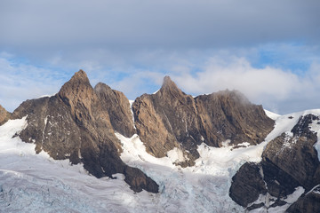 Fototapeta na wymiar Mountains along King Haakon Bay, South Georgia Island, Antarctic
