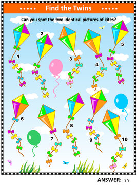 IQ training visual puzzle with colorful kites: Find the two identical pictures of kites. Suitable both for children and adults. Answer included.
