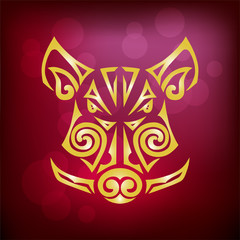 Boar's or pig's head isolated on red background. Symbol of Chinese 2019 New Year. Vector illustration. Stylized Maori face tattoo.