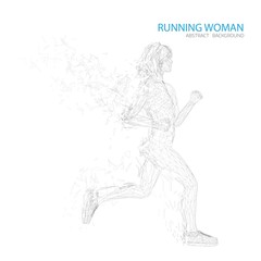 Thin line meshed silhouette of running woman on wite background.