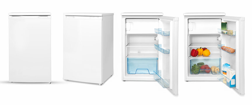 modern household refrigerator with food, four angles, isolated.