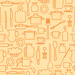 orange kitchenware on light background - vector seamless pattern
