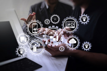 Business team meeting. Photo professional investor working new start up project. Finance task.Digital tablet docking keyboard laptop computer smart phone using, filter film effect