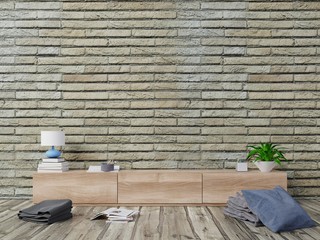 Modern living room with brick wall and tv shelf in empty room, 3d rendering