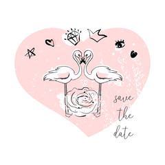 Tropical hand drawn flamingo illustration design in pastel pink with trendy hipster decoration elements. Modern print for wedding, invitations, greeting card, header, Valentine s day, anniversary, web