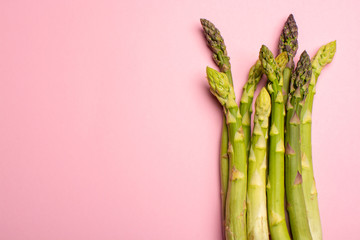 Delicious bunch of raw ripe green asparagus new harvest isolated on trendy pink background flat lay food concept - obrazy, fototapety, plakaty