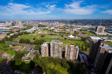 Fototapeta na wymiar Aerial view of Durban's city center from a rooftop situated on the 