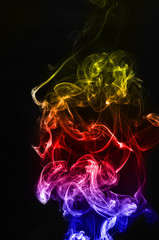 abstract fragment movement of colorful red blue and yellow gradient smoke on black background.