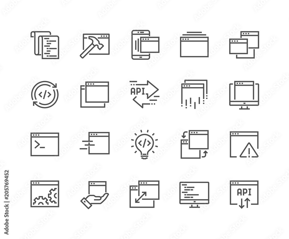 Fototapete simple set of application related vector line icons. contains such icons as build, api, terminal, co