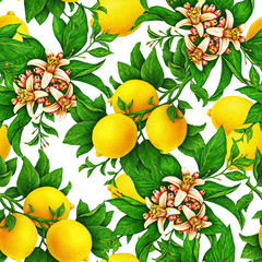 Yellow lemon fruits on a branch with green leaves and flowers isolated on white background. Watercolor drawing seamless pattern for design