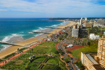 Aerial view of Durban's "Golden Mile" beachfront from a rooftop, KwaZulu-Natal province of South Africa