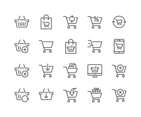 Simple Set of Shopping Cart Related Vector Line Icons. Contains such Icons as Express Checkout, Mobile Shop, Add, Refresh and more. Editable Stroke. 48x48 Pixel Perfect.