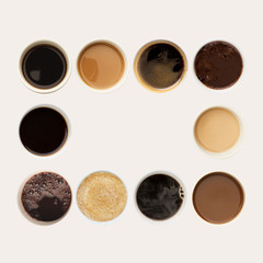 Collection of coffee cups tops isolated on white