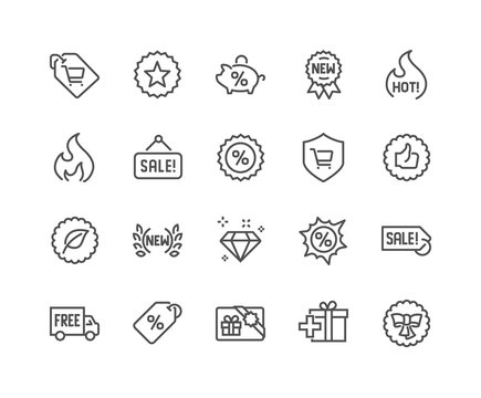 Simple Set of Shopping Features Related Vector Line Icons. Contains such Icons as New, Sale, Discount and more. Editable Stroke. 48x48 Pixel Perfect.