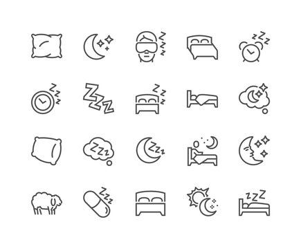 Simple Set of Sleep Related Vector Line Icons. Contains such Icons as Insomnia, Pillow, Sleeping Pills and more. Editable Stroke. 48x48 Pixel Perfect.