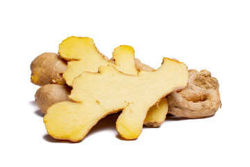 Fresh big ginger root close up copy space isolated on white background