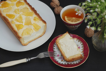 Pineapple Homemade Cheesecake Slice Piece Tea Cup Flowers Dark Background Sweet Desert