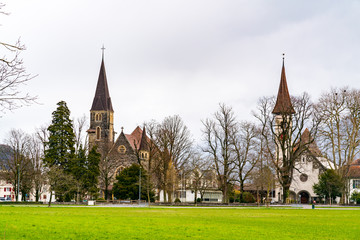Fototapeta na wymiar View of Catholic and Protestant churches