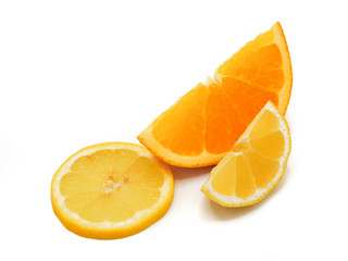 Fresh orange and lemon slice on white background