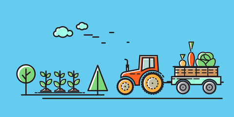 Tractor rides on the road in the countryside. Vector illustration in flat style.
