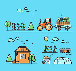 Tractor rides on the road in the countryside, a house with a greenhouse. Vector illustration in flat style, set of icons, infographics.