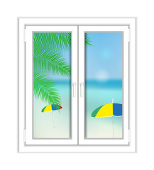 Window plastic with a landscape sea view, palm and beach. Summer Illustration over white background.