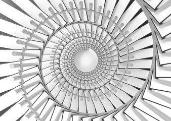 3d rendering. White and gray spiral stairs background.