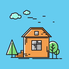 The house in the nature, a tree. Vector icon, illustration in flat style.