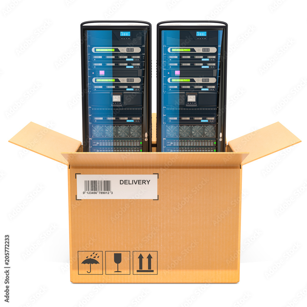 Poster computer server racks inside parcel, delivery concept. 3d rendering