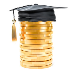 Heap of golden coins with graduation cap. Savings for education concept, 3D rendering