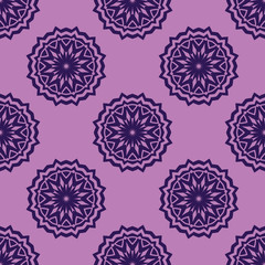 Vector Seamless Purple Floral Mandala Pattern.