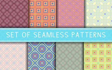 Geometric seamless patterns. Collection of colored backgrounds