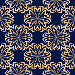 Golden floral seamless pattern on blue background