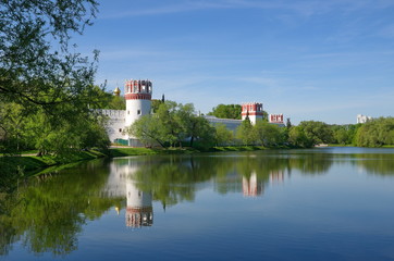 Fototapeta na wymiar Spring view of the Novodevichy Monastery from the pond in Moscow city, Russia