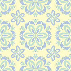 Floral seamless pattern. Beige background with light blue and green flower elements