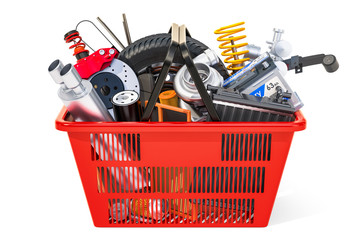 Shopping basket with car parts, 3D rendering