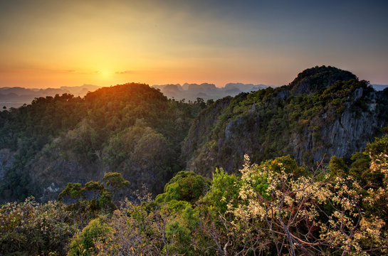 Spectacular look at the Krabi province from Tiger Cave Monastery at the sunset, Thailand
